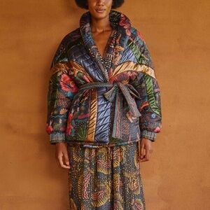 Farm Rio Black Wild Bananas Metallic Reversible Puffer Jacket